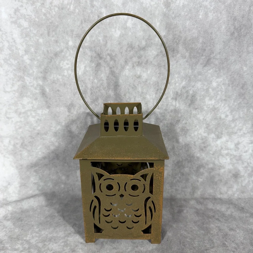 Vtg 90s‎ Y2K Rustic Metal Owl Lantern Tealight Distressed Bronze Hanging Decor